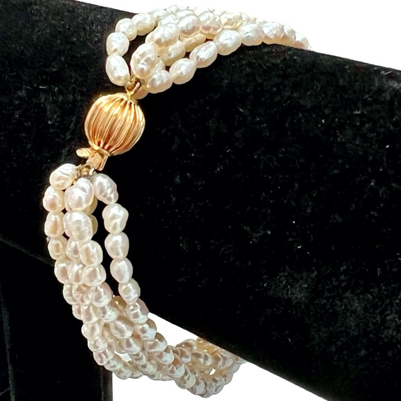VINTAGE 8" LONG 5 STRAND RICE FRESHWATER PEARL WITH 14K BALL CLASP BRACELET - Picture 1 of 9